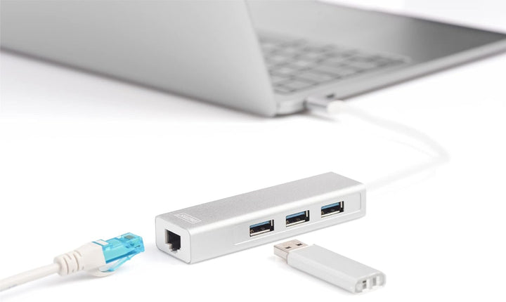DIGITUS USB 3.0 Typ C 3-Port Hub mit Gigabit Ethernet Adapter, 3x USB A, 1x RJ45 LAN, Silber USB 3.0