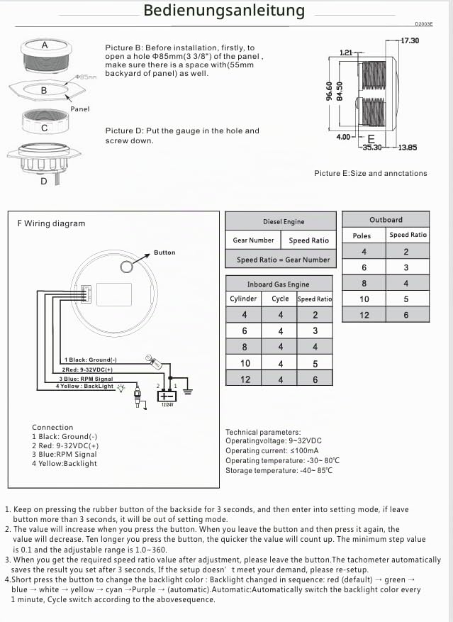 85mm Drehzahlmesser 0-8000RPM Wasserdichtes mit Betriebsstundenzähler 7 Farben Hintergrundbeleuchtun