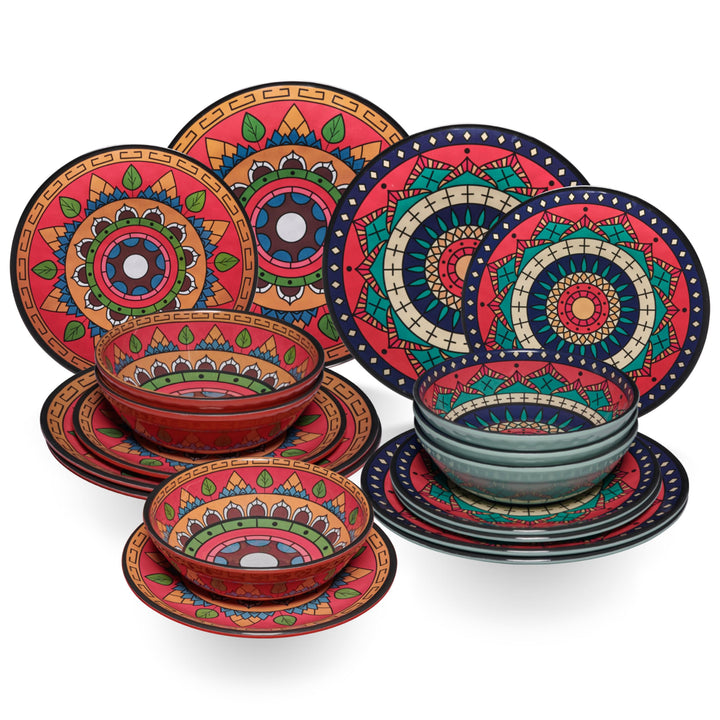Melamin Geschirr Set Toskana Deep für 6 Personen - Rot-Grün - Mandala-Optik Spülmaschinengeeignet Es