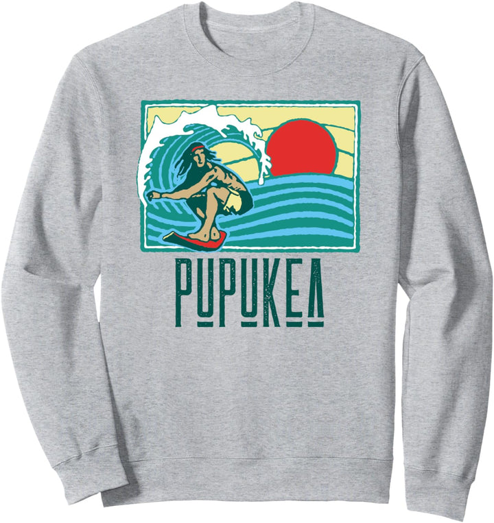 Pupukea Hawaii Vintage Surfer & Wave Retro Graphic Sweatshirt