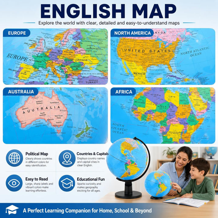 TOPGLOBE 30cm Globus Weltkugel pädagogische Politische Karte - Englischer Sprache, 30cm