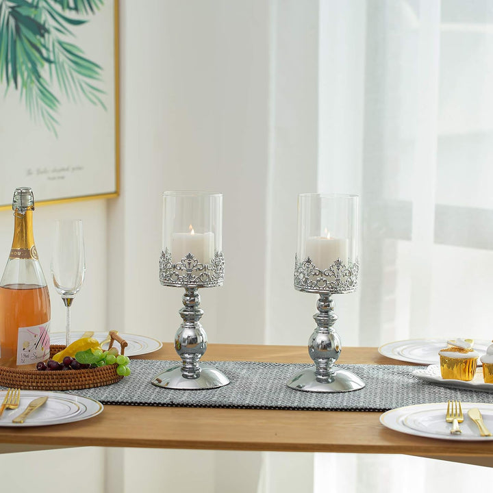 NUPTIO 2 Stück Silber Kerzenhalter für Stumpenkerzen, Hurricane Glas Kerzenhalter Wohnraum Dekor Ges