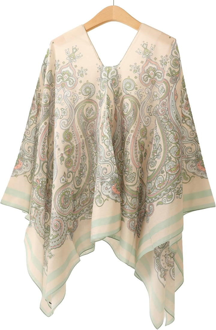 Damen 2-in-1 Sommer Poncho Schal aus Seide & Baumwolle Mix leicht Umschlagtuch Tunika Schultertuch f