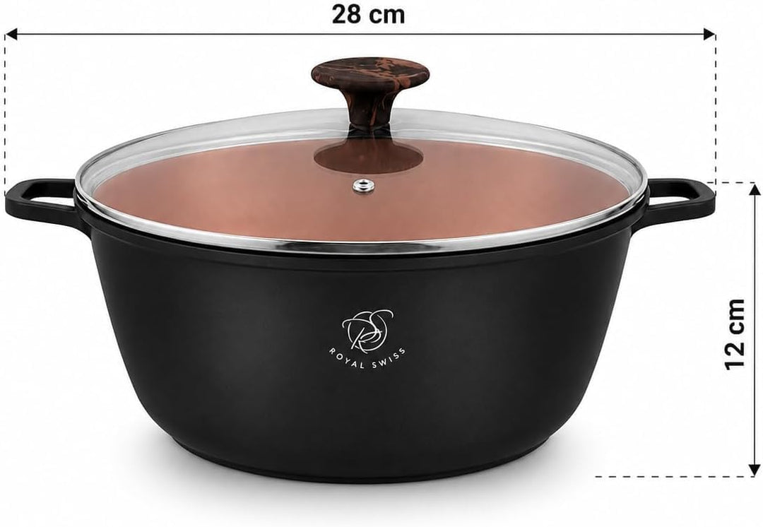 Royal Swiss Kochtopf Ø 28cm 6 L xl, Aluminiumguss Topf mit Marmor-Antihaftbeschichtung, Induktionsge