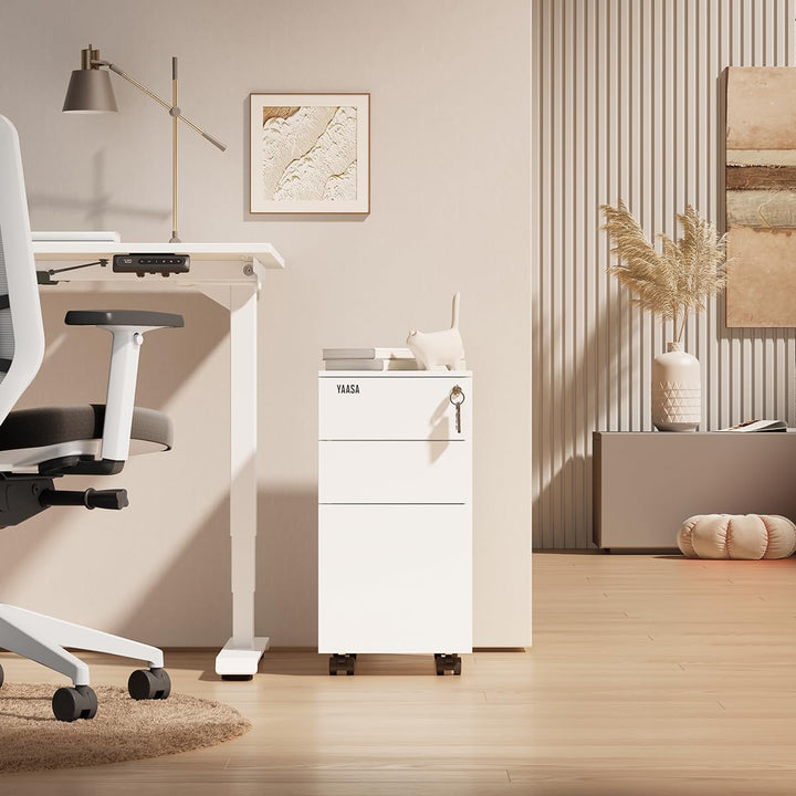 Yaasa File Cabinet Edged Kompakt Weiss - Rollcontainer aus Stahl, Aktenschrank mit 3 verschliessbare