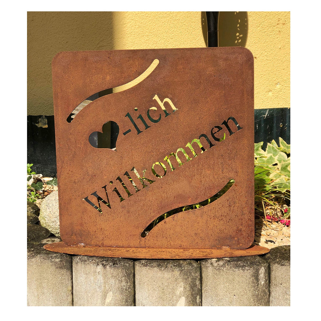 Edelrost Herz - Willkommen - Schild Gartenstecker Metall Gartenfigur, Metall Figur Gartendekoration