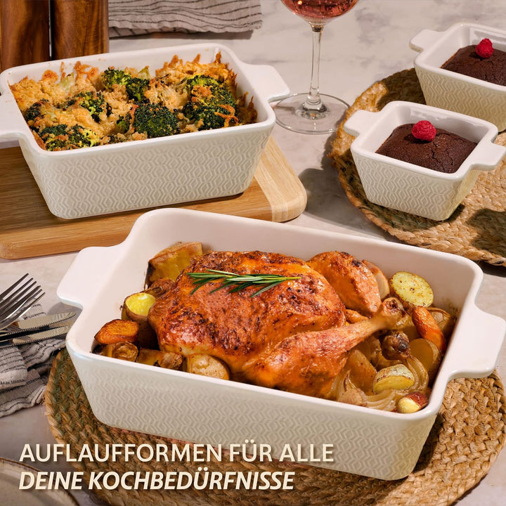 Auflaufform Gross aus Keramik - Für Lasagne, Tiramisu & Auflauf - Extra Hoher Rand - Eckig - Weiss,