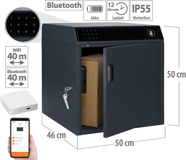 AGT Smarte Paketboxen: Paketbriefkasten mit WLAN-Gateway, Stahl, 46 x 50 x 50 cm, PIN, App (Briefkas