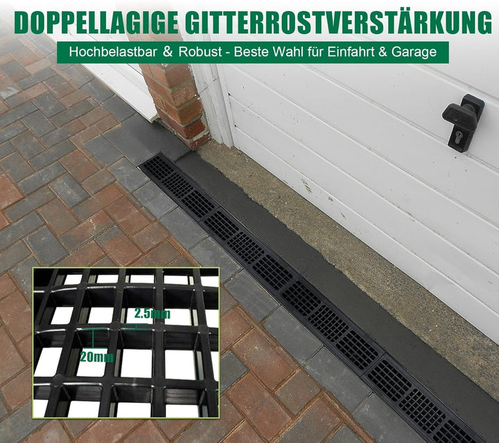 1m Entwässerungsrinne mit B125 HDPE-Abdeckrost - 1000 x 155 x 140 mm - Bodenrinne Ablaufrinne für Ga