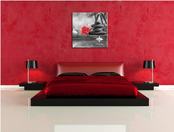 Pixxprint Seerose Zen Steine Kerzen als Leinwandbild/Grösse: 70x70 cm/Wandbild/Kunstdruck/fertig bes