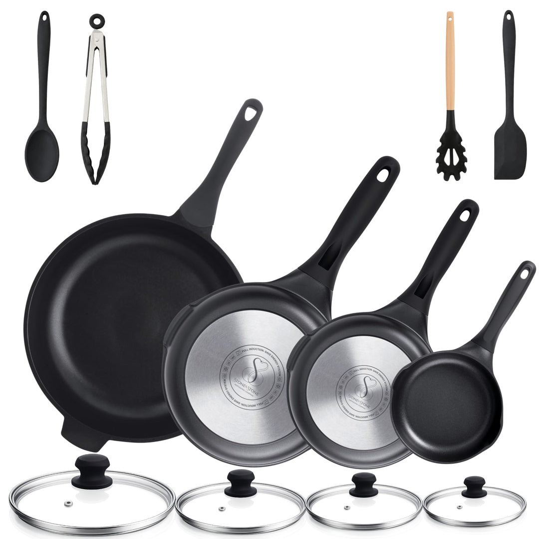 Stone&Stone Set mit 4 Pfannen 20 cm, 24 cm, 28 cm, 32 cm Super Antihaftbeschichtung | Induktion und