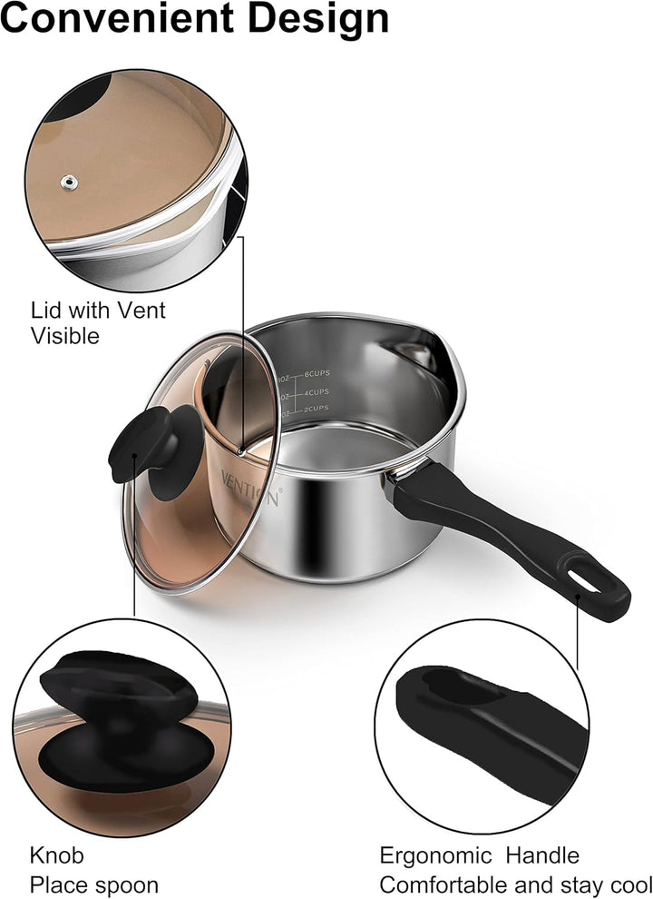 VENTION Edelstahl Stielkasserolle Induktion, Kochtopf Klein mit Deckel 18 cm, 2 Liter Stieltopf mit