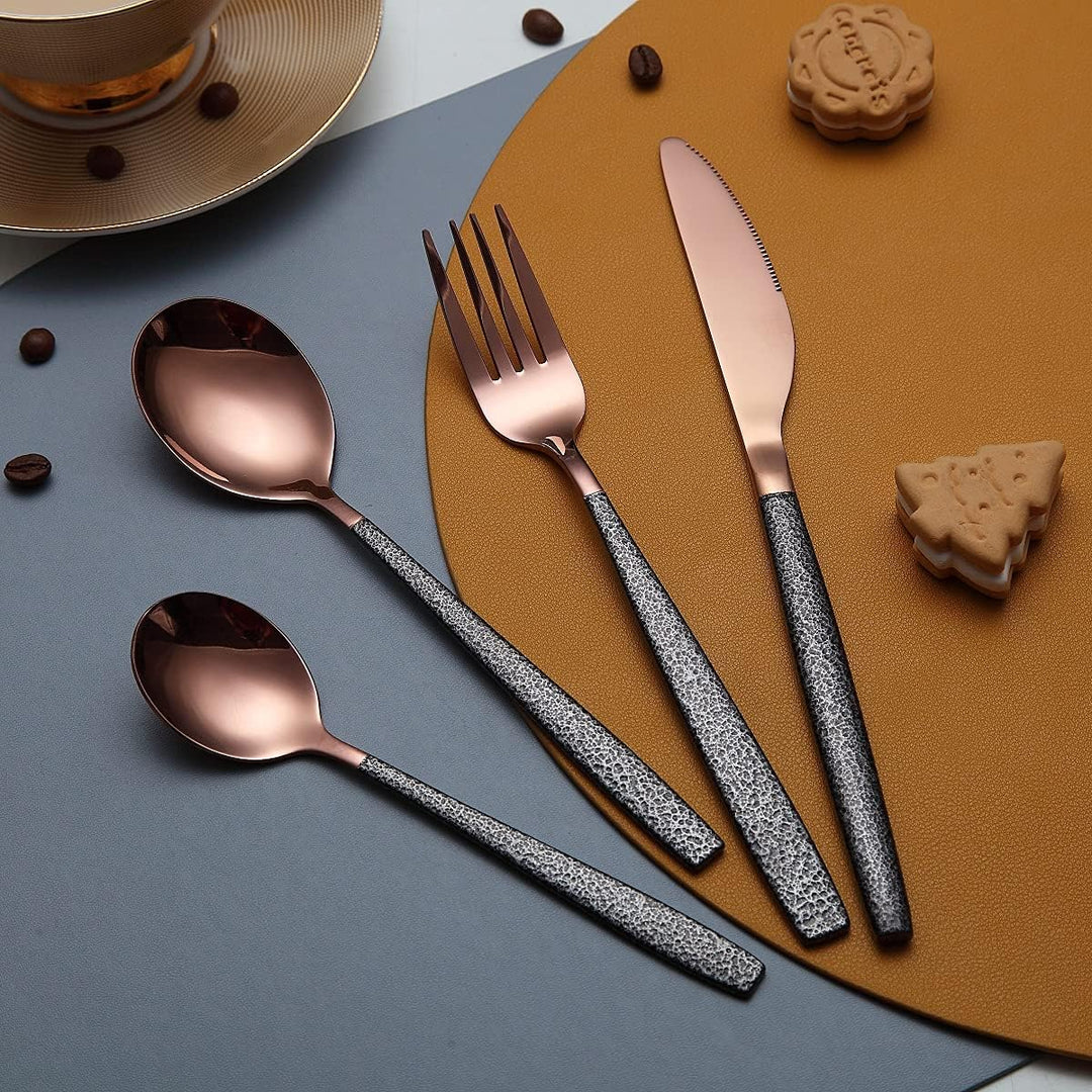 Besteck Set 24 Stück Roségold Kopfbeschichtung mit Schwarzem Marsgriff, Edelstahl Kupfer Titanbeschi
