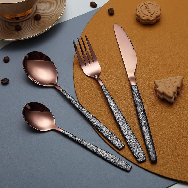 Besteck Set 24 Stück Roségold Kopfbeschichtung mit Schwarzem Marsgriff, Edelstahl Kupfer Titanbeschi