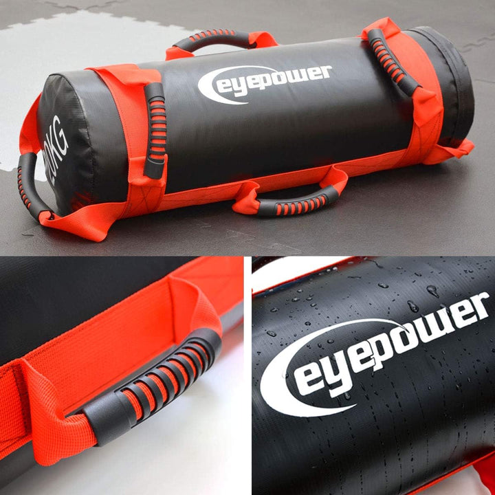 EYEPOWER 20kg Power Bag + 4 Kettlebell Gewichte - Befüllt mit Eisensand - Besser als Geräte: 6 Griff