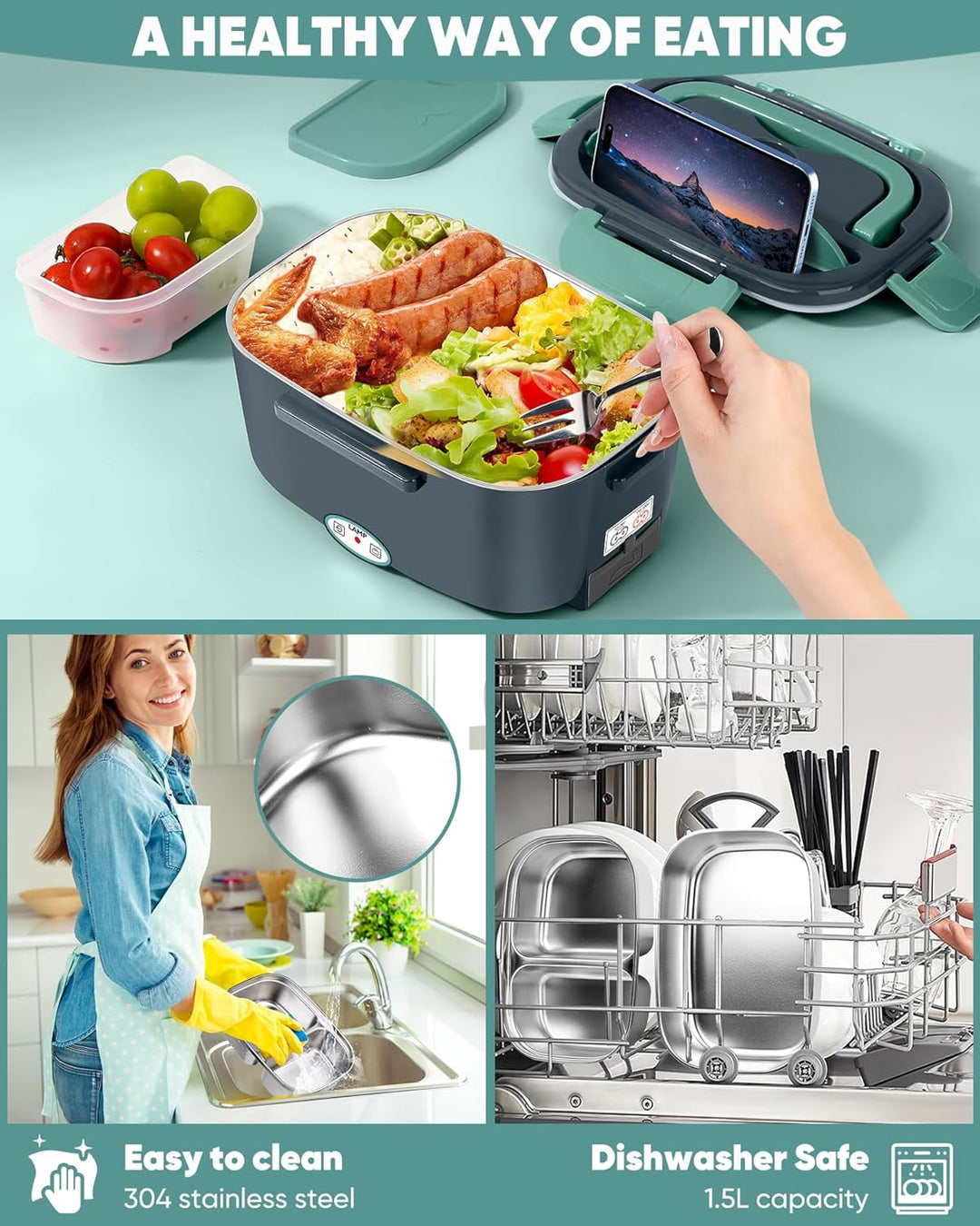 Eocolz Elektrische Lunchbox mit Speisenwärmer 80-100W, tragbarer 1,5L-Behälter mit zwei Behältern fü