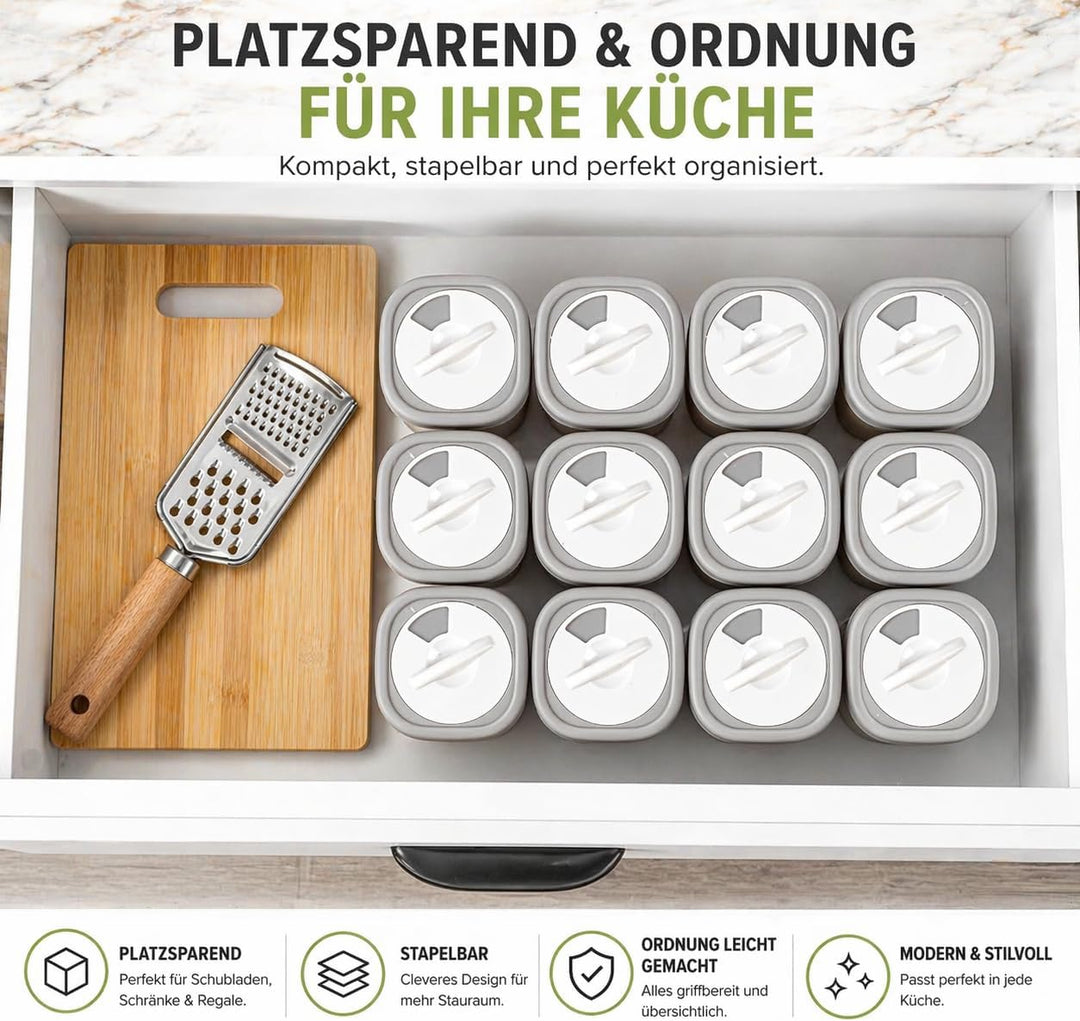 IDOBY 12er Set Gewürzbox aus Kunststoff, Transparente Gewürzdose, BPA-Freiem Kunststoff Camping Gewü