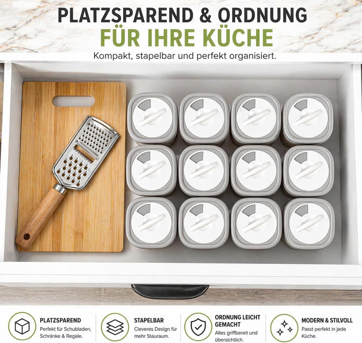 IDOBY 12er Set Gewürzbox aus Kunststoff, Transparente Gewürzdose, BPA-Freiem Kunststoff Camping Gewü