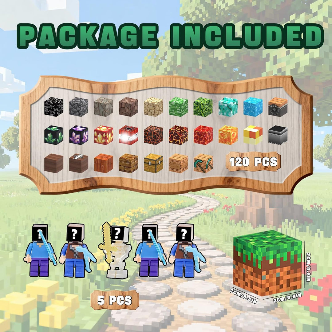 Magnetische Bausteine 120 Magnetblöcke mit 5 Minifiguren, 10 Aufklebern, Pixel Blocks Design, Kreati