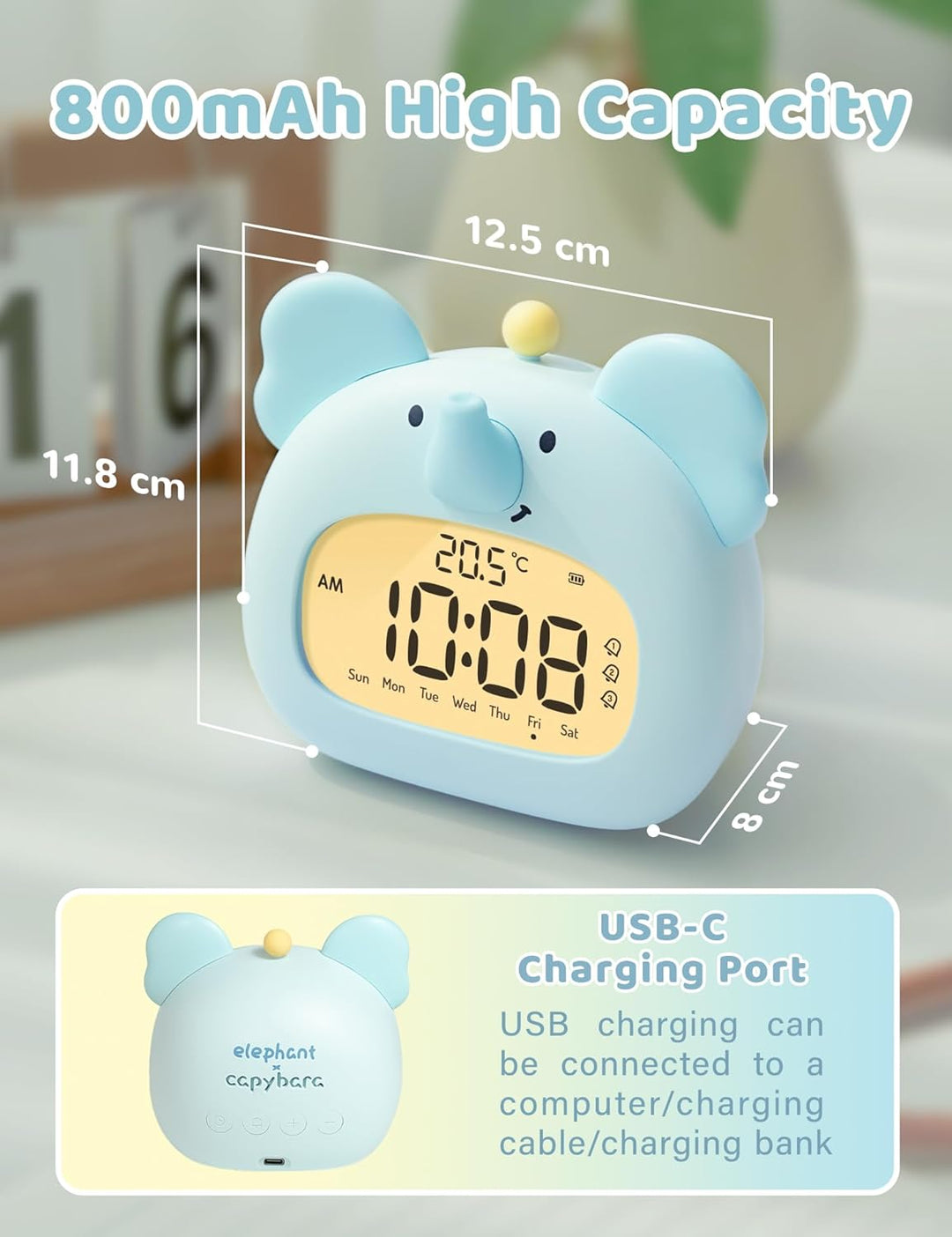 IHALO Elefanten Deko Kinderwecker, Nachttischwecker mit Nachtlicht, Digitales LED-Display, 3,15 Zoll