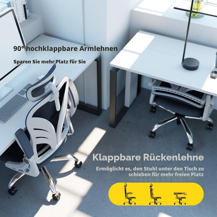 HOLLUDLE Ergonomischer Bürostuhl mit Klappbarer Rückenlehne, Schreibtischstuhl mit 2D Kopfstütze, Ho
