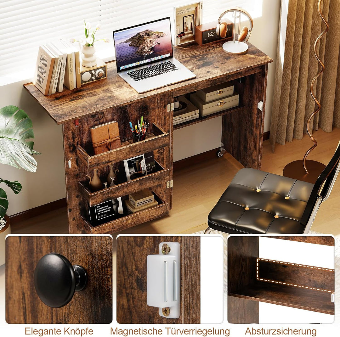 COSTWAY 2 in 1 Nähtisch klappbar mit Ladestation, Nähmaschinenschrank aus Holz mit Regalen, Nähschra