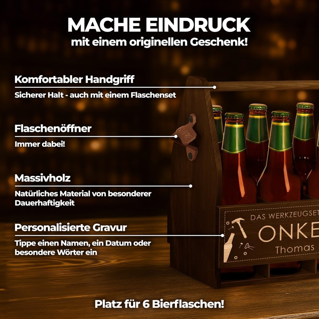 Maverton Bierträger für 6 Flaschen 0,5L + Gravur - Männerhandtasche mit Flaschenöffner - Grösse: 25x