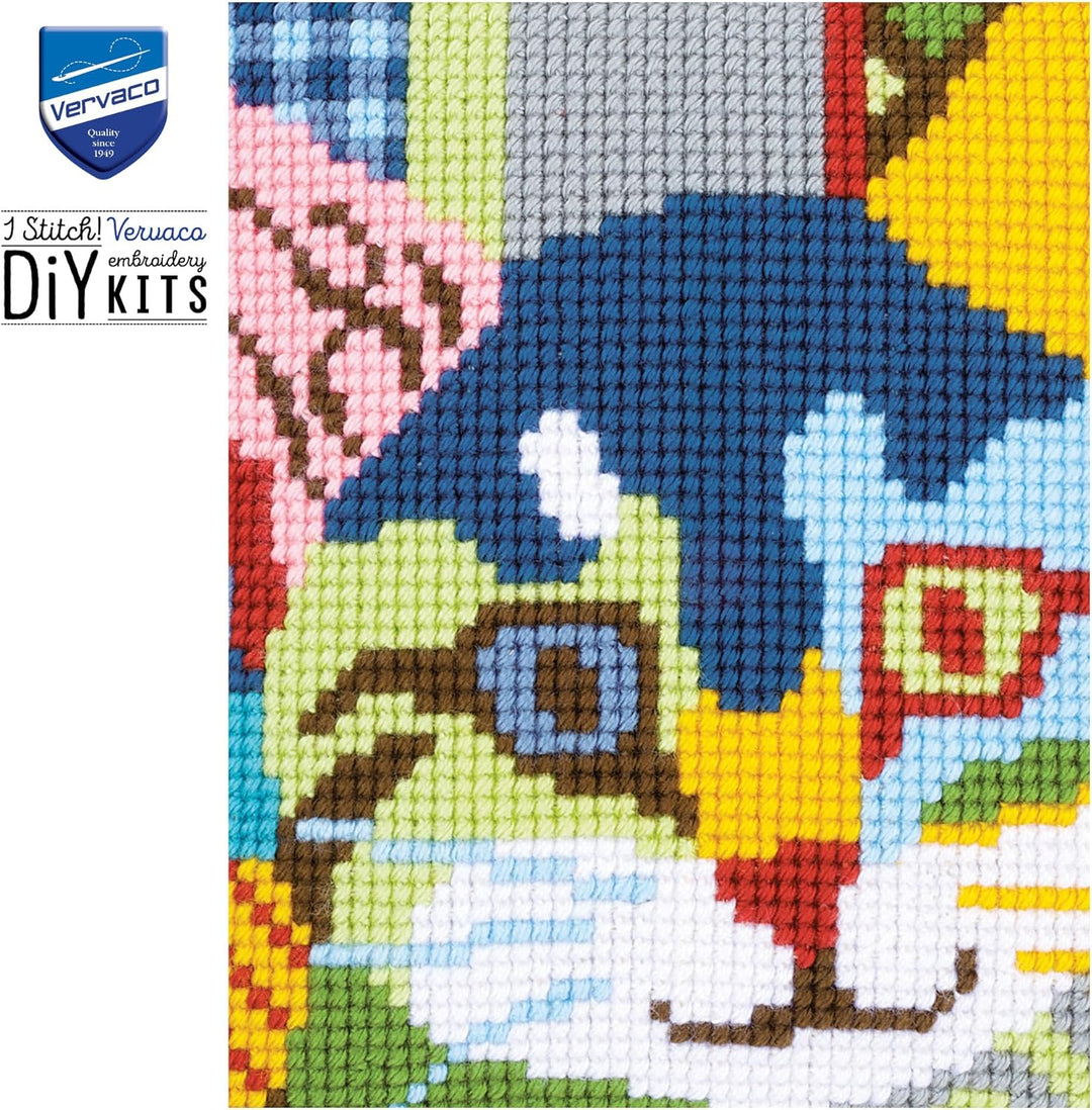 Vervaco Kreuzstichkissen Katze, Patchwork Stil, Stickbild vorgezeichnet Kreuzstichpackung Kissen, vo