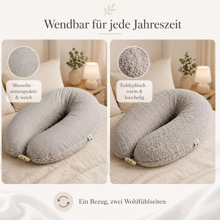 sei Design Stillkissenbezug 4-lagiger Musselin Teddyplüsch XXL 190 x 35 cm Grau – GOTS Bio-Baumwolle