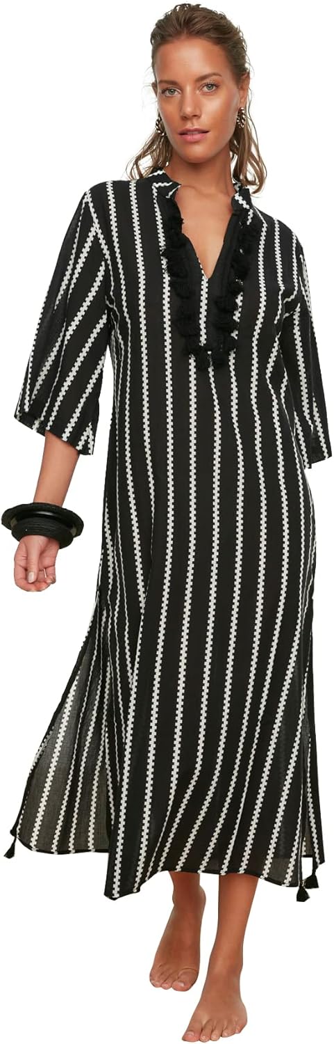 TRENDYOL Damen Gestreifter Quaste detaillierter Voile Kimono & Kaftan S Schwarz, S Schwarz