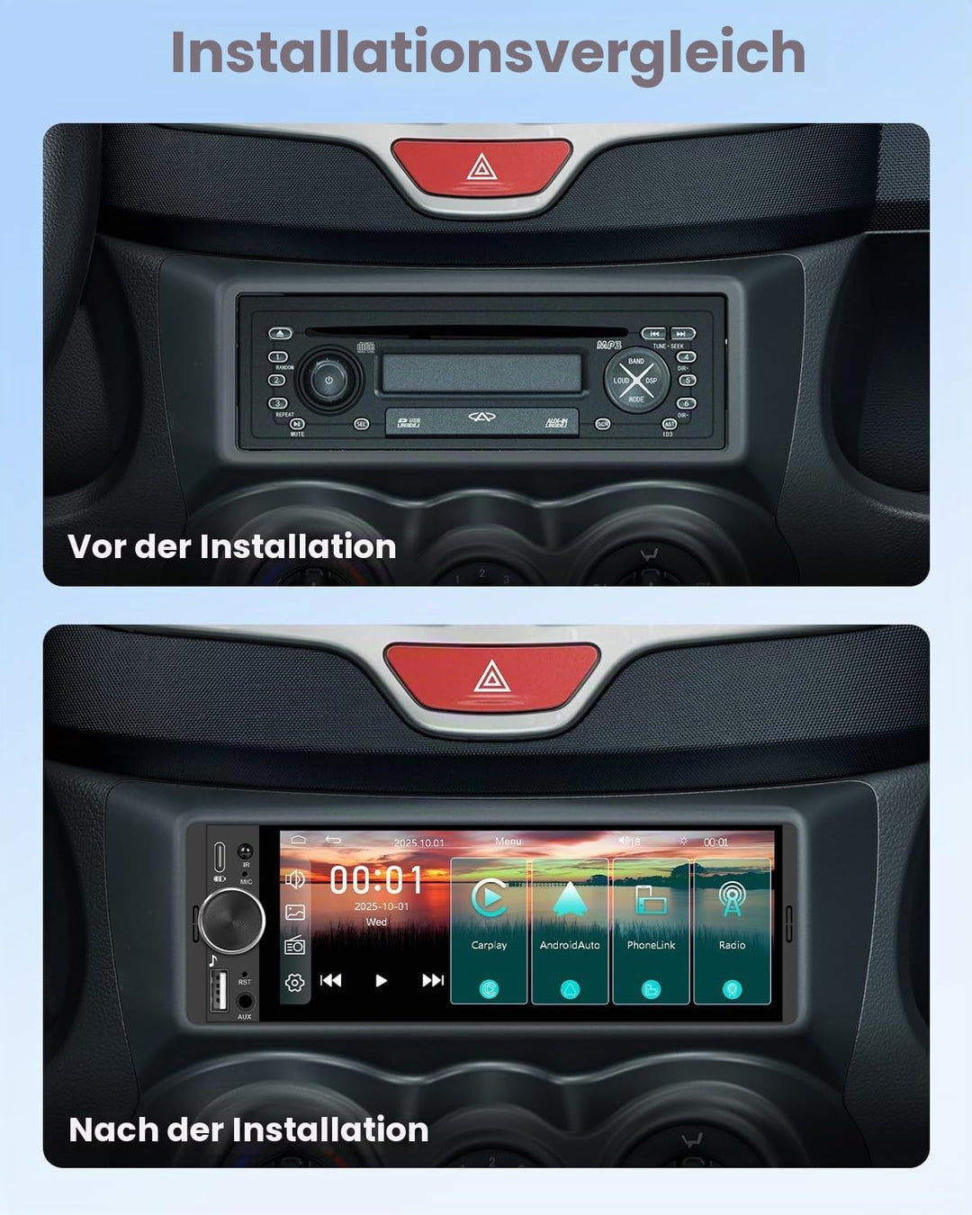 Hikity 1 DIN Autoradio mit Bluetooth CarPlay Android Auto, 6,28 Zoll Touchscreen-Player Stereo Auto
