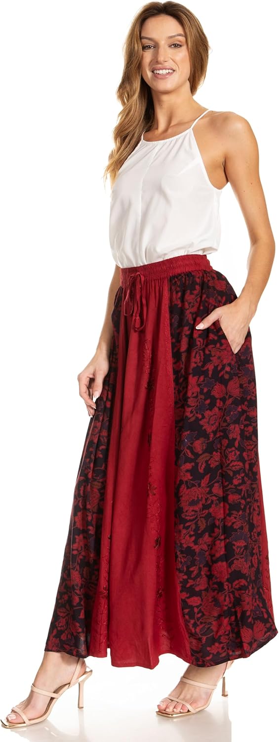Sakkas Maran Frauen Boho Stickerei Rock mit elastischer Taille und Taschen Einheitsgrösse Grosse Grö