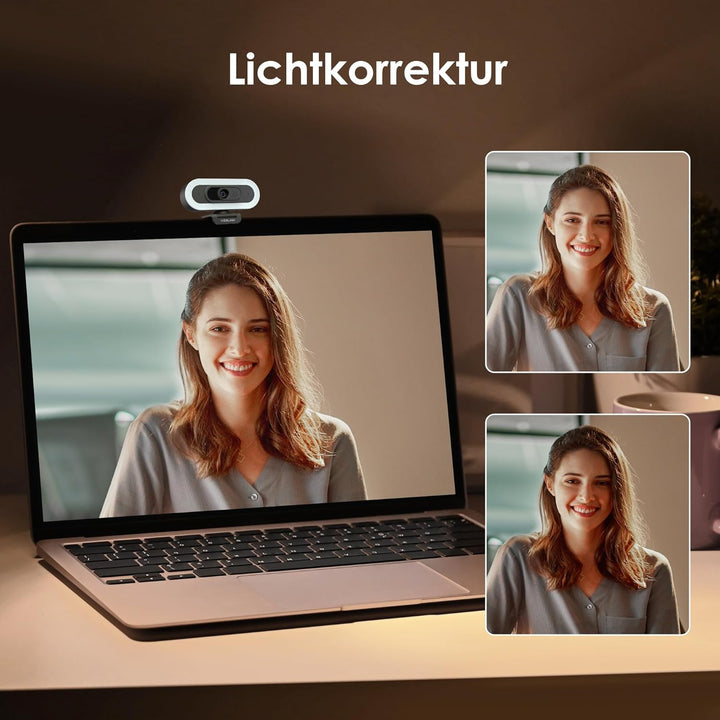 VIZOLINK W4LS Webcam HD 2K/1080P mit Ring-Beleuchtung, Autofokus, Klarer Stereo-Mikrofone, Lichtkorr