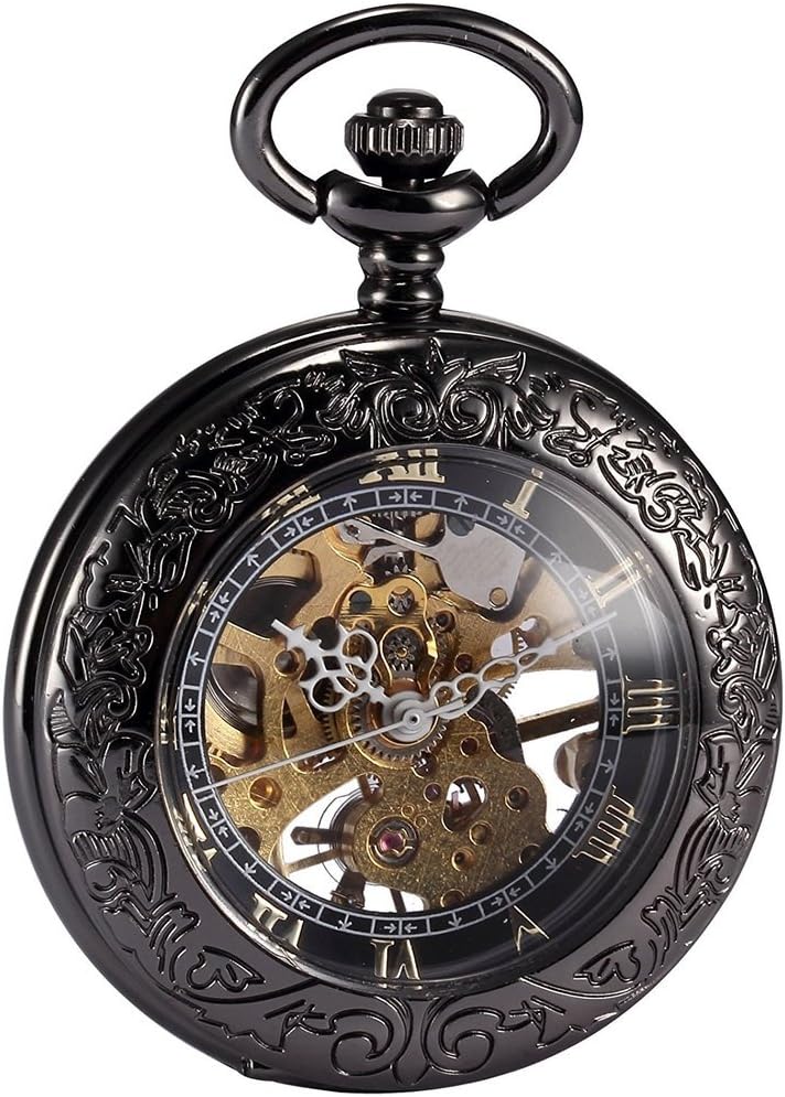 TREEWETO Unisex Taschenuhr mit Kette Analog Handaufzug Antik Skelett Lupe Schwarz