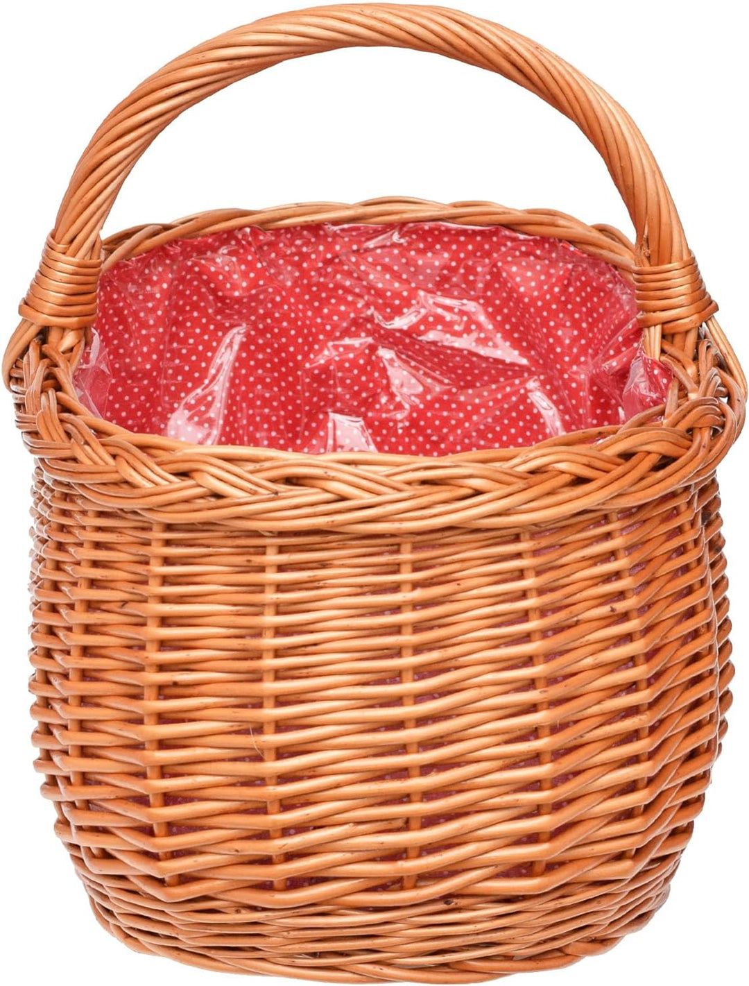 Kleiner Einkaufskorb/Autokorb aus Weide mit Henkel und Stoffeinlege Rot mit Punkten und Schutzfolie