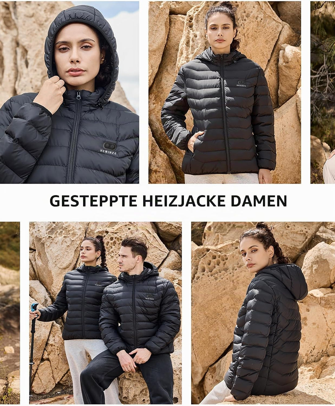 HEWINZE Beheizbare Jacke Damen Herren mit kapuze,Warme Pufferjacke Damen Herren mit akku,Winterjacke