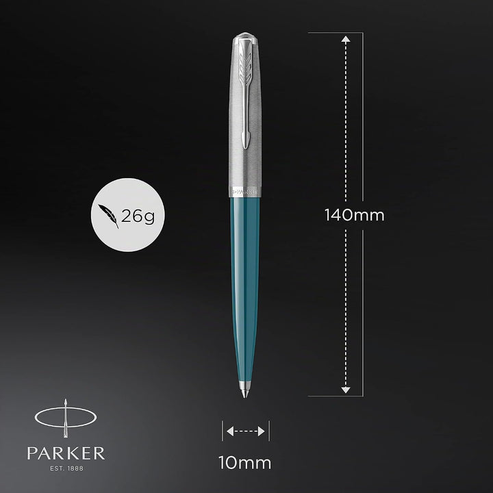Parker 51 Kugelschreiber | Petrolblauer Schaft mit Chromfarbenen Zierteilen | Mittlere Schreibspitze