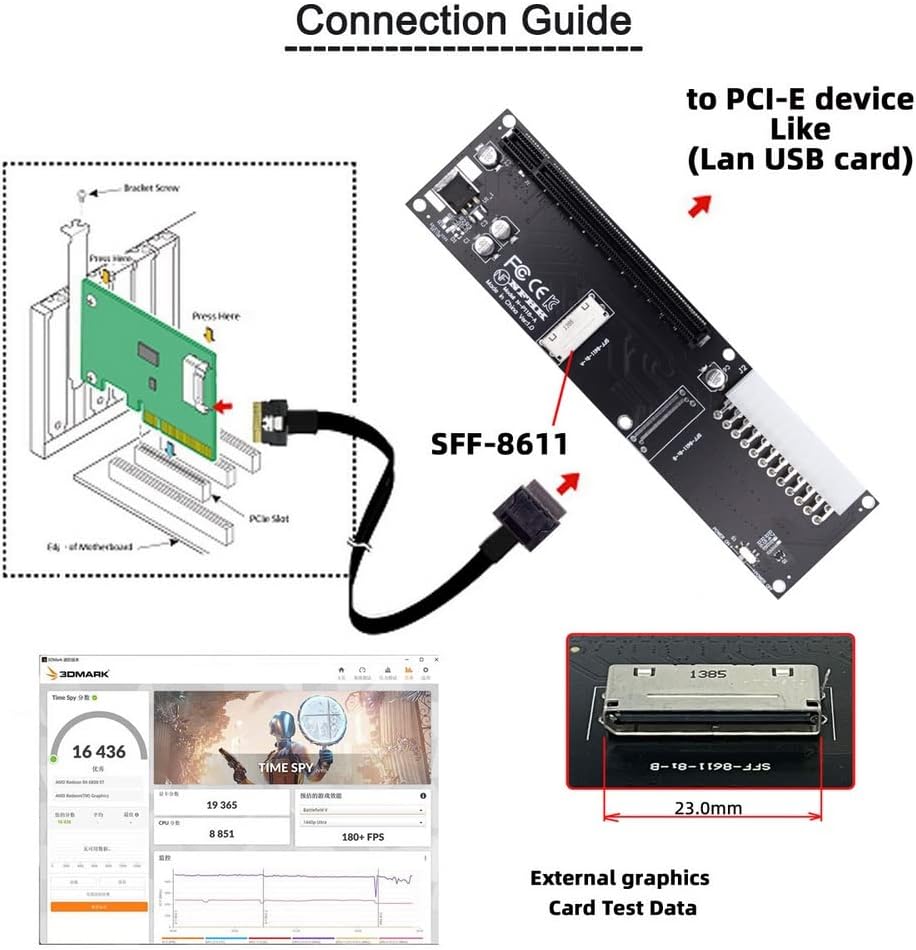 xiwai Oculink SFF-8612 8611 8X auf 16x PCIE PCI-Express Adapter mit ATX 24pin Power Port für Mainboa