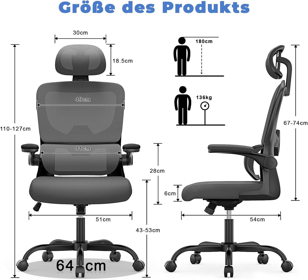 naspaluro Bürostuhl, Ergonomischer Schreibtischstuhl mit Verstellbarer Kopfstütze, Armlehnen, Dynami