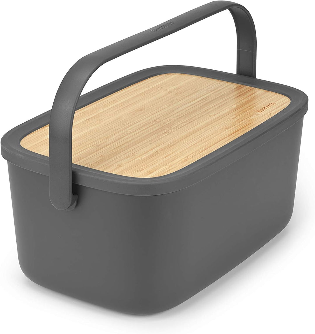 Brabantia Grosser Brotkasten mit Servierbrett aus Holz und Griff, Dunkelgrau, Dunkelgrau