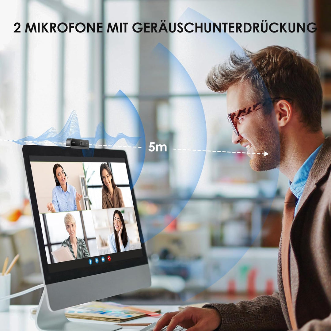 W2N Webcam Full HD, 1080P/30PFS, Dual Mikrofone Rauschunterdrückung, Fester Fokus, 78°Blickfeld, Bel