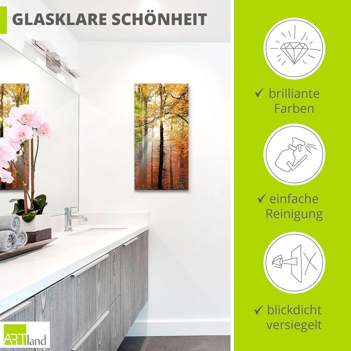 Glasbilder Wandbild Glas Bild einteilig 30x60 cm Hochformat Natur Landschaft Wald Herbst Sonne Bäume