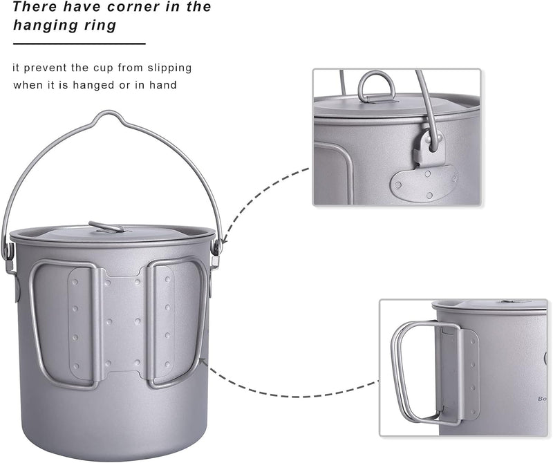 iBasingo Titan Topf Camping Becher 750ml/900ml/1100ml/1250ml Hängetopf Leichtes Kochgeschirr Tragbar