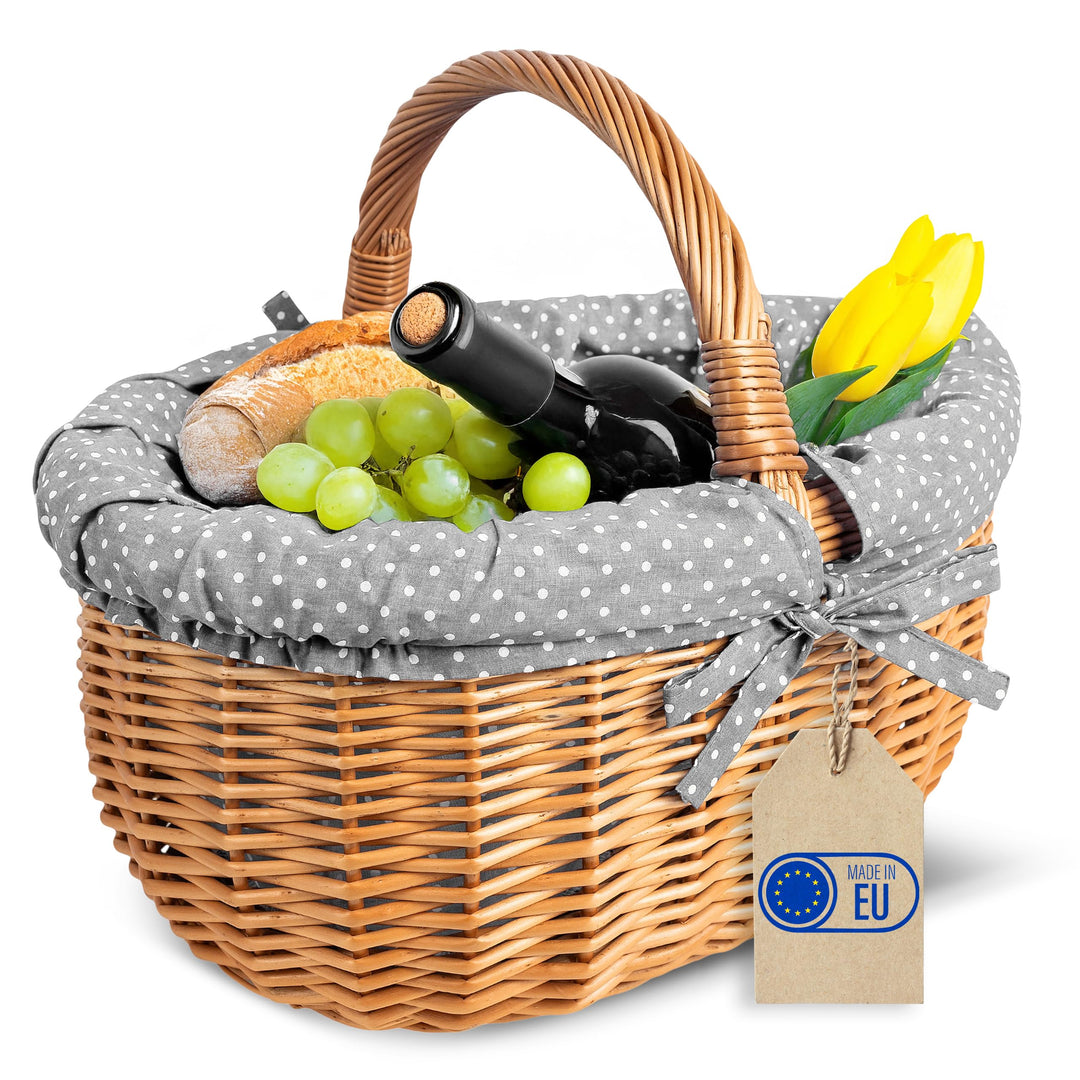 Creative Home Grosser Picknickkorb mit Stoffeinlage Grau mit Pünktchen Weidenkorb mit Henkel | Einka
