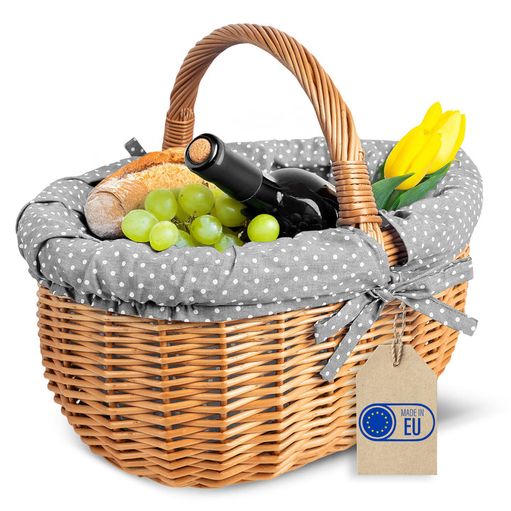 Creative Home Grosser Picknickkorb mit Stoffeinlage Grau mit Pünktchen Weidenkorb mit Henkel | Einka