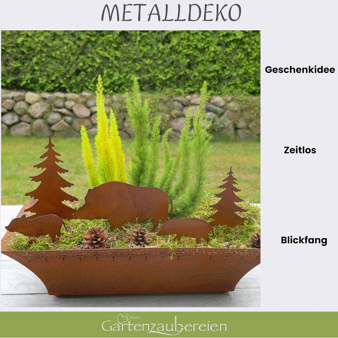 Storm's Gartenzaubereien Gartenstecker Wildschwein Figuren mit Tannen 5er Set in Rostoptik als Weihn