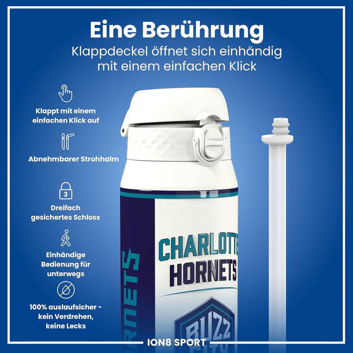 ion8 NBA Charlotte Hornets Trinkflasche Mit Herausnehmbarem Strohhalm, 750ml/24oz, Auslaufsichere Is
