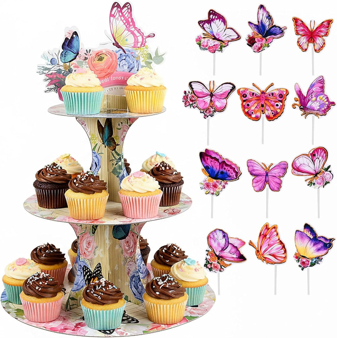3 Etagen Rosa Schmetterling Ständer, Pappe Kuchenständer mit 12 Stück Schmetterling Tortenaufsatz, D