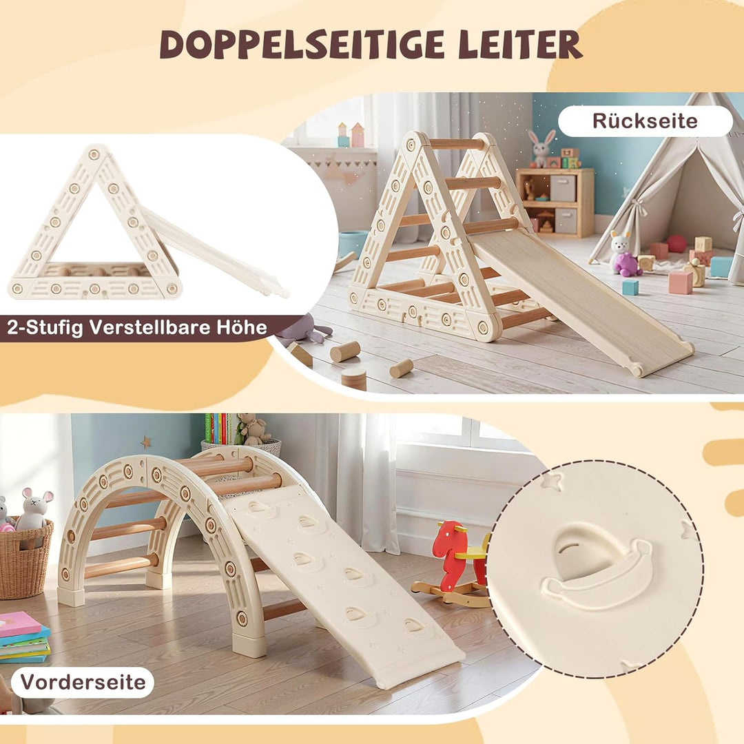 Costway 5-in-1 Klettergerüst Indoor, Kletterdreieck mit Kletterbogen & Holzdreieck & Rutsche, inkl.