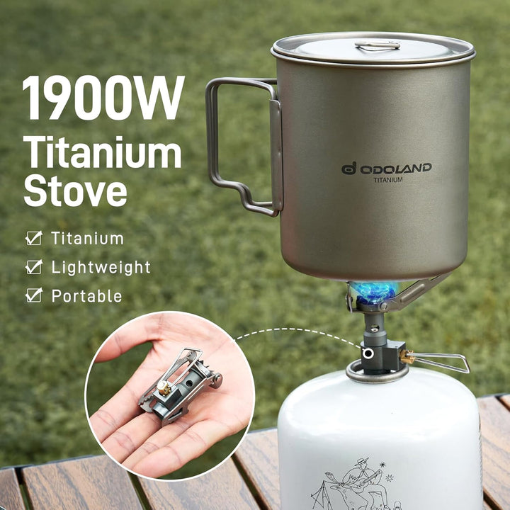 Odoland Titanium Camping Geschirr, Campingkocher 750ML Titanium Mugs, 1900W Ultra Light Titanium Min